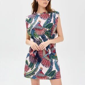 Farm Rio Macaw Flight Mini T-Shirt Dress Sleeveless Size XS Pink Green